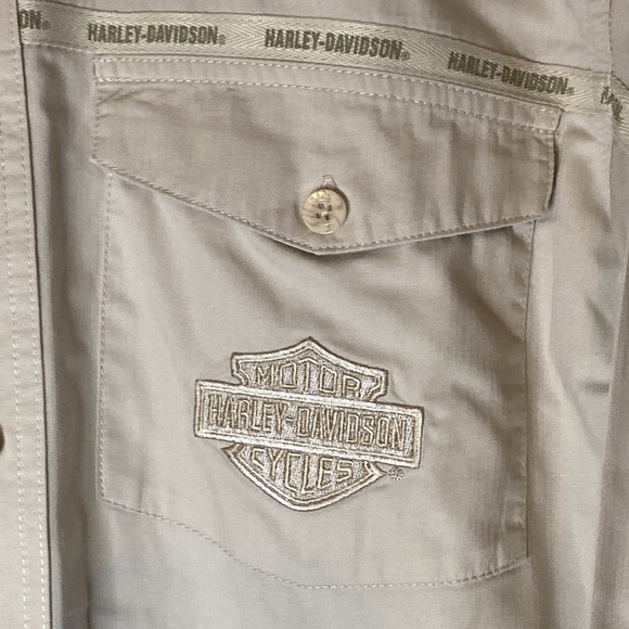 Harley Davidson Motorcycle Khaki Embroidered Long Sleeve Button Down Men Shirt M - Picture 3 of 15
